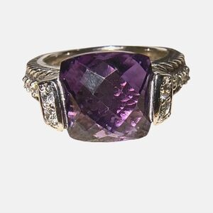 Judith Ripka Signed Amethyst, CZ and Sterling Silver Sparkle Ring